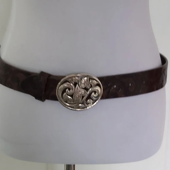 Brighton Dark Brown Handtooled Leather Belt with Silver Heart Oval Buckle - Picture 14 of 15